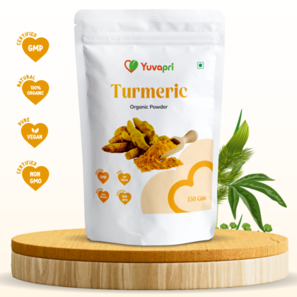 Yuvapri 150g Organic Turmeric Powder, a natural health supplement featuring high-purity ground turmeric root for wellness.
